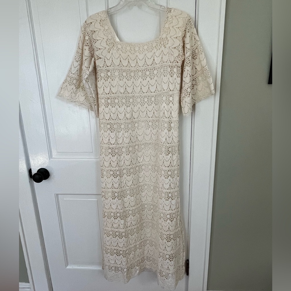Bohemian Cream Lace Crochet Bell Sleeve Dress Womens S/M Cottagecore Romantic